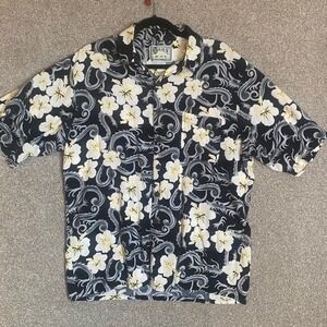 Hana Bay Mens Hawaiian Shirt Black White Yellow Floral Print Rayon Large